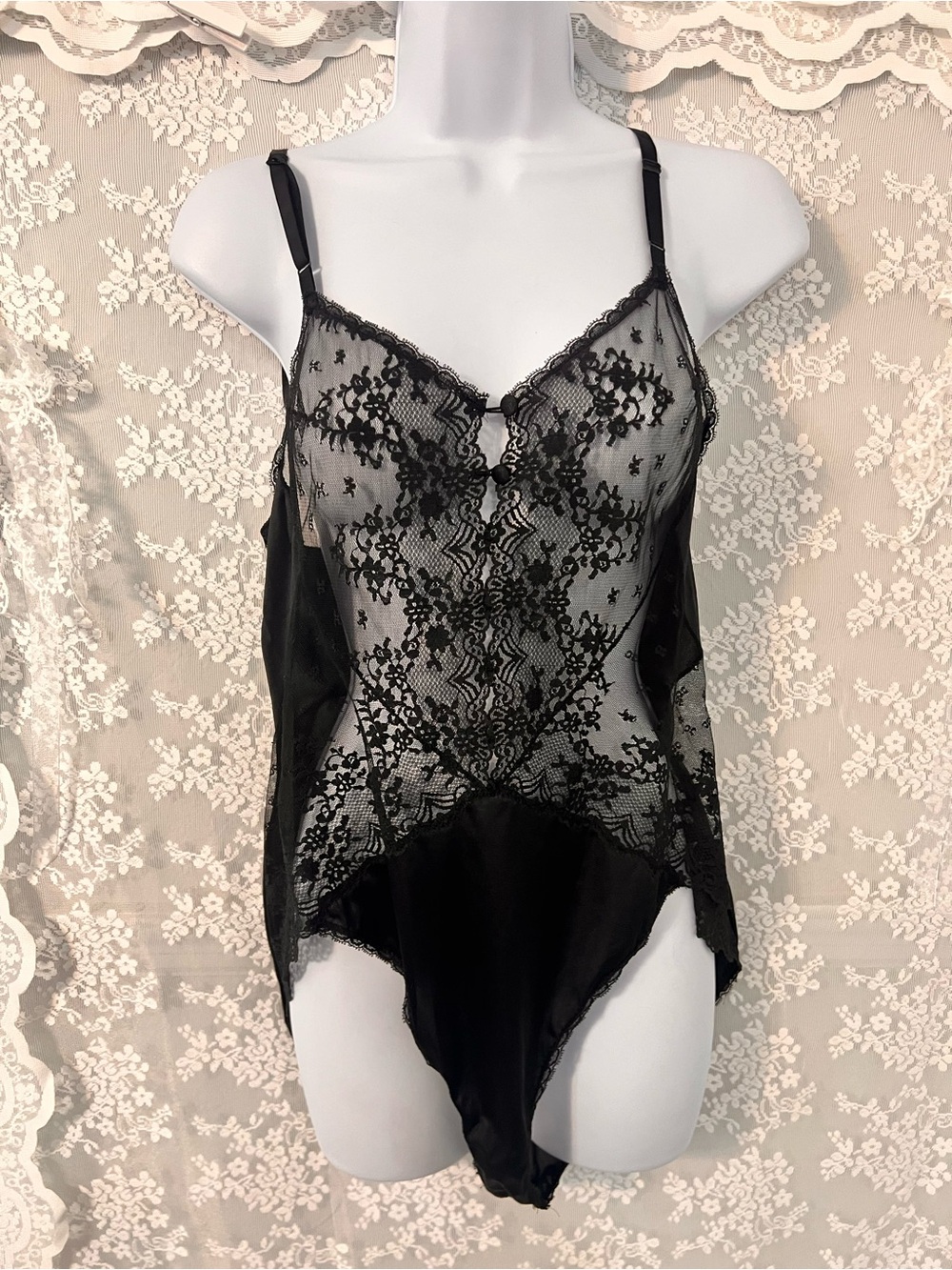 Vintage Vanity Fair Black Sheer Lace Bodysuit Chemise